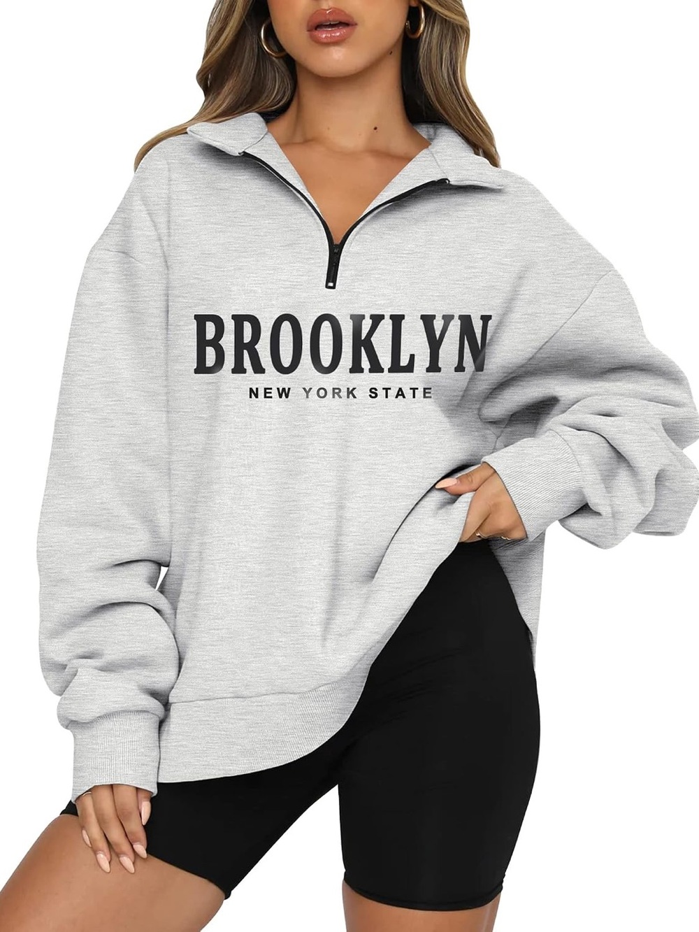 #382- Brooklyn New York State Half-Zip Sweatshirt - Light Gray